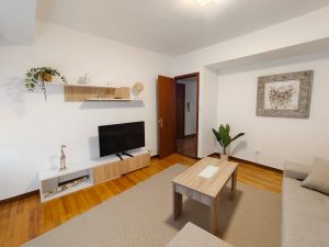 Salón luminoso de piso en alquiler en Carballo con suelo de madera, mueble de TV moderno, mesa de centro y sofá gris - Serdava