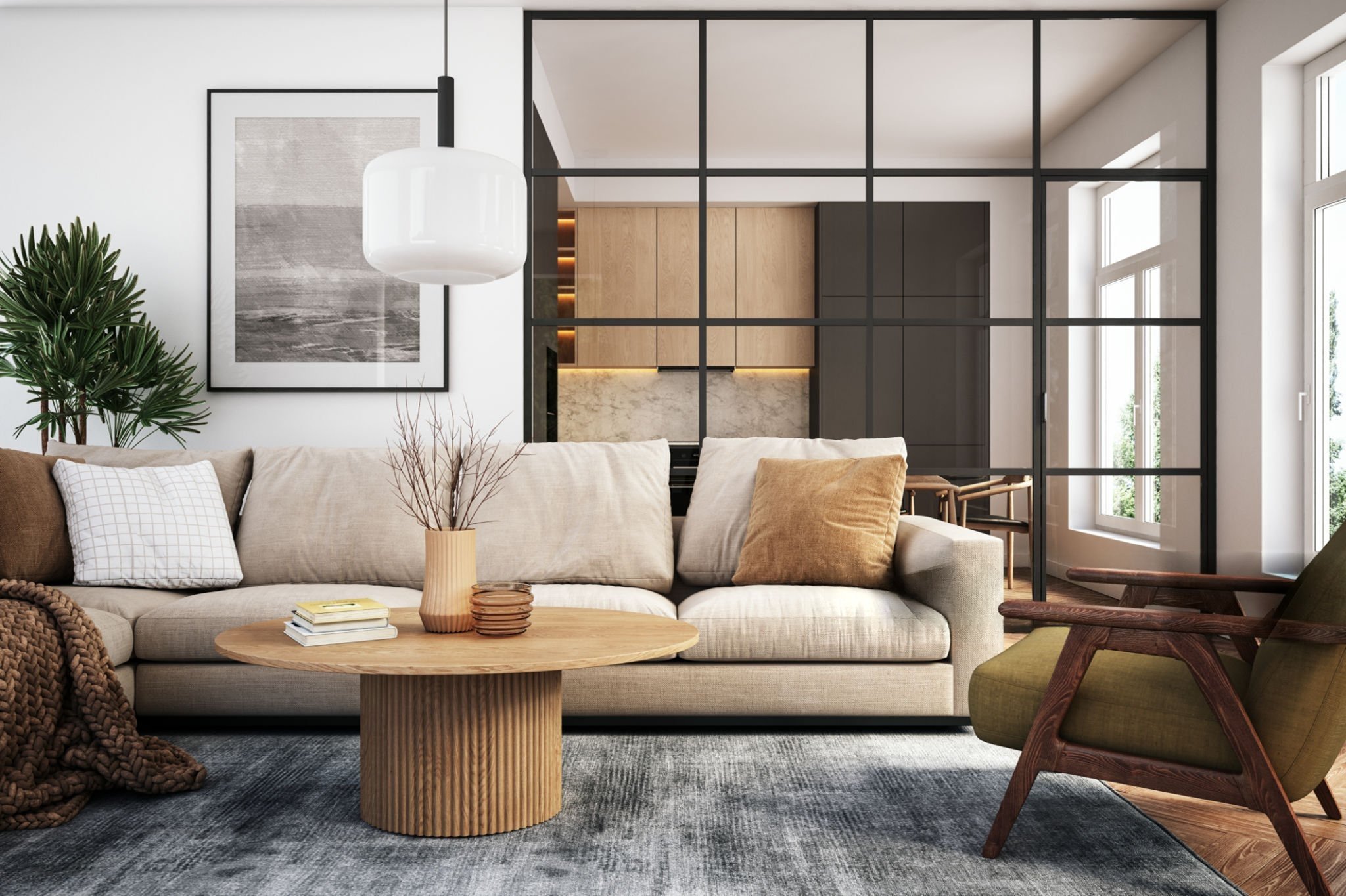 Sala de estar moderna con sofá beige, mesa de centro redonda de madera y mampara de cristal con perfilería negra - Serdava