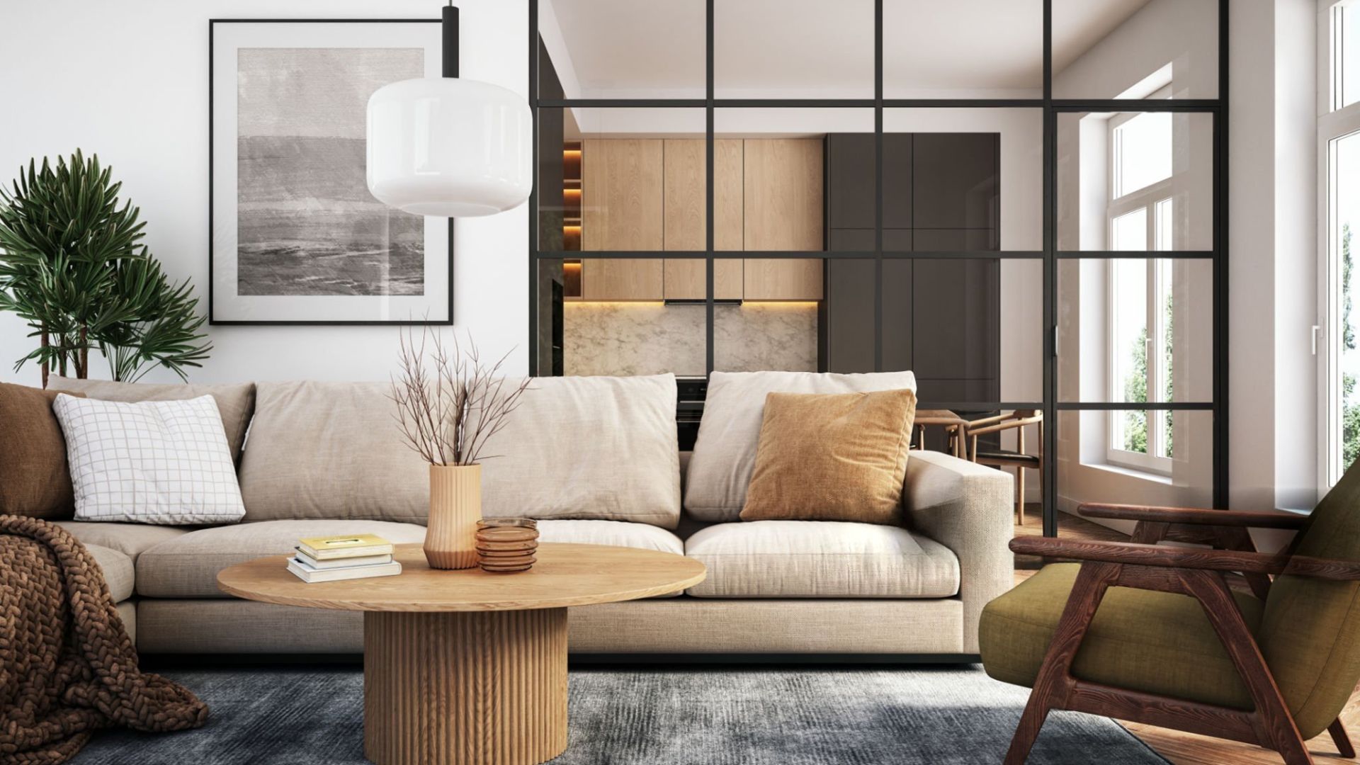 Salón moderno con sofá beige, mesa de centro redonda de madera y mampara de cristal que separa la cocina - Serdava