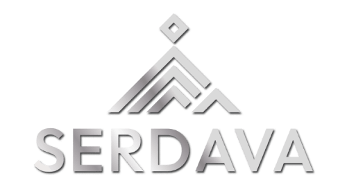Logotipo plateado de SERDAVA con un icono geométrico en forma de montaña sobre fondo negro - Serdava